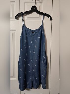 Blue Chambray Denim Palm Trees Design Romper w/Pockets, Small, Adjustable Straps
